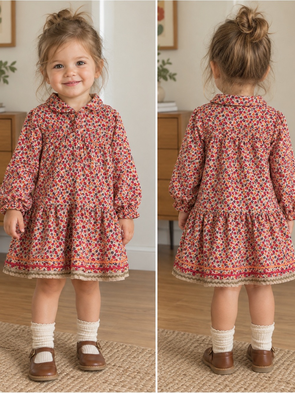 Girls Floral Long-Sleeve Ruffled Hem Dress - corduroy size 2